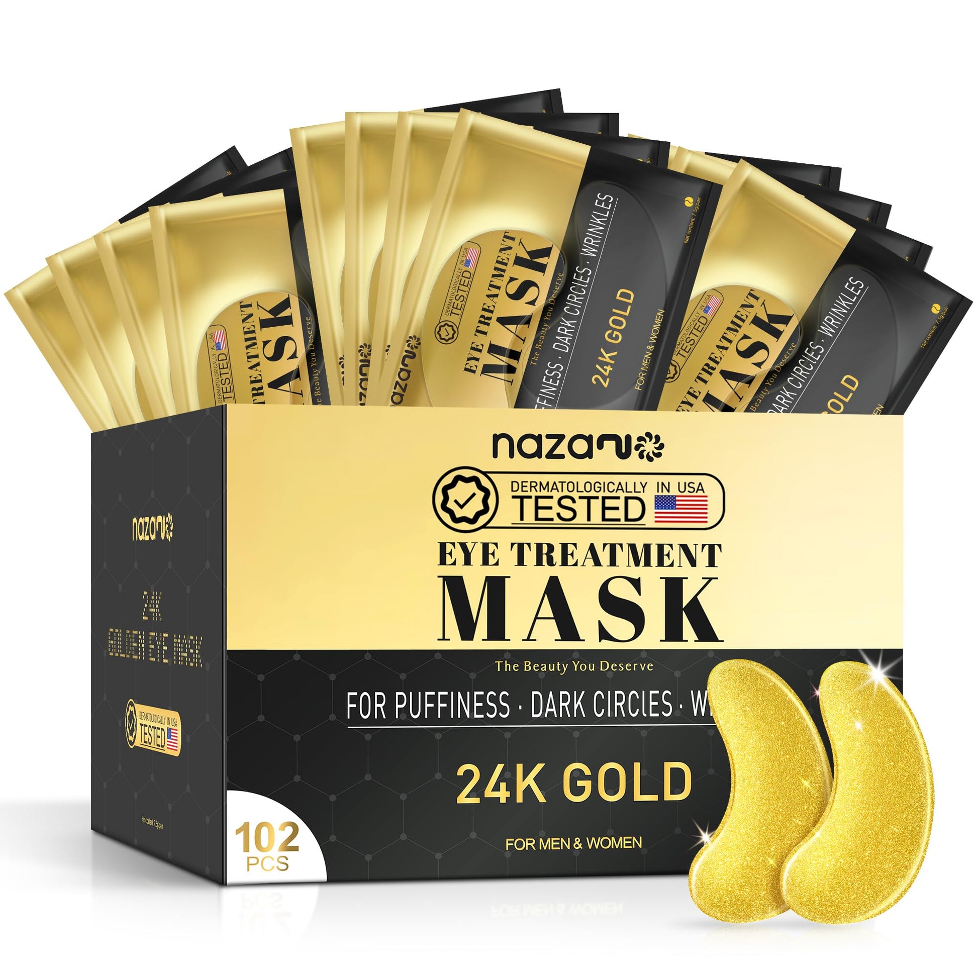 24K Gold Under Eye Patches - 60 Pack for Puffy Eyes, Dark Circles, Bags & Wrinkles with Collagen & Hyaluronic Acid - Eye Care Pads for Daily Skincare (Gold)